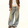 Retro Washed Distressed Wide Leg Jeans: Unisex Casual Straight Fit