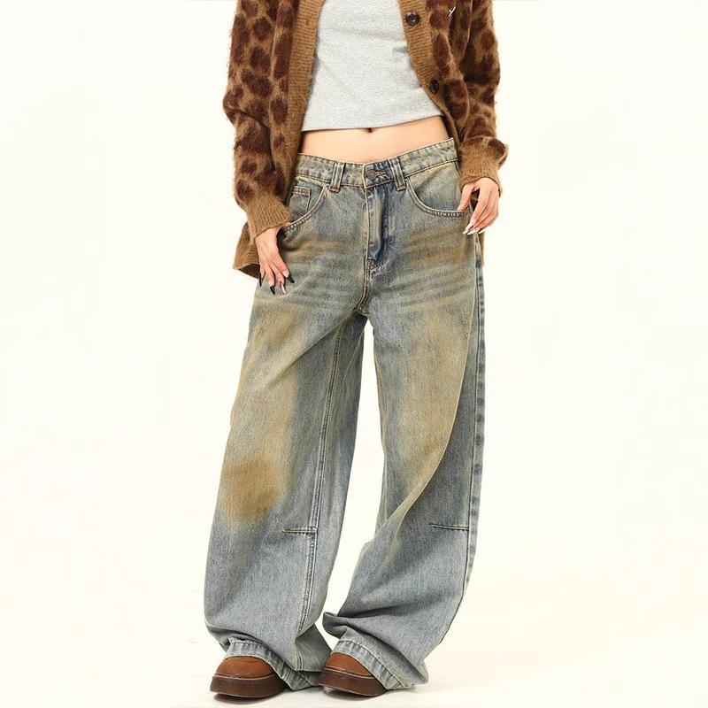 Retro Washed Distressed Wide Leg Jeans: Unisex Casual Straight Fit
