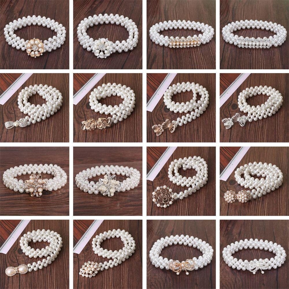 Ladies' Elastic Rhinestone Waist Chain Thin Drawstring Belt Fashion Pearl Waist Belt  For Women