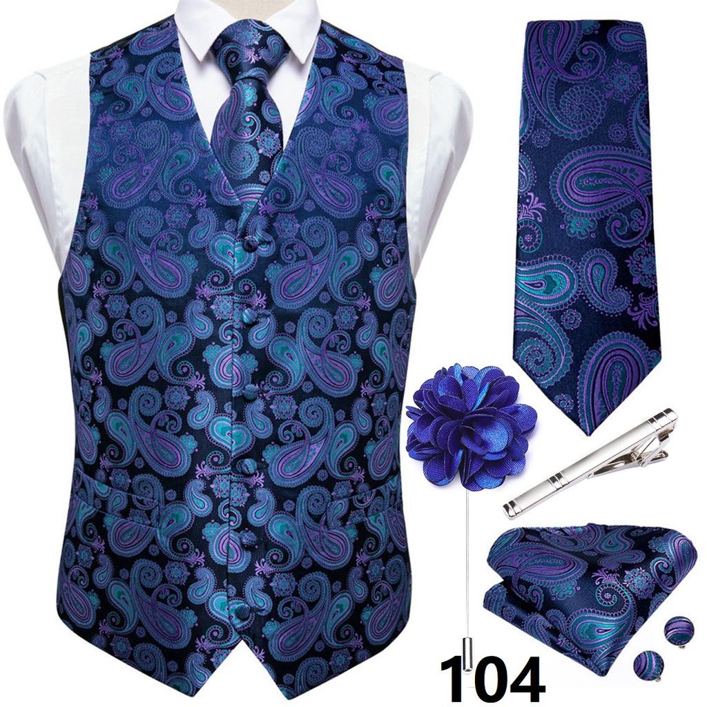 Anzug-Westen-Set für Herren, Schwarz, Rosa, Grün, Paisley-Weste, Krawatte, Einstecktuch, Manschettenknöpfe, Blumen-Corsage, Silberne Krawattenklammer, Hochzeit, Business