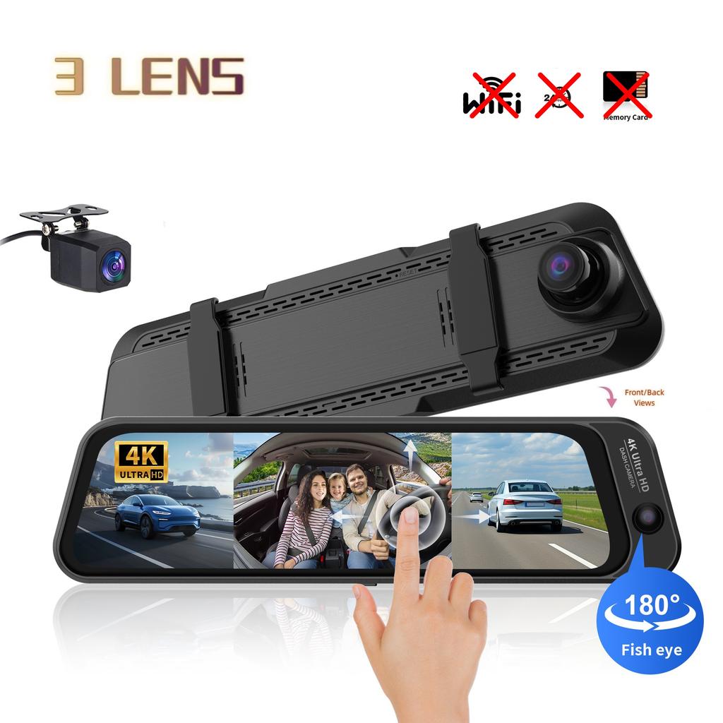 4K 10-Inch Streaming Media Dash Cam, 3 Lenses, WiFi, Night Vision, 170° Fisheye, Rearview Mirror