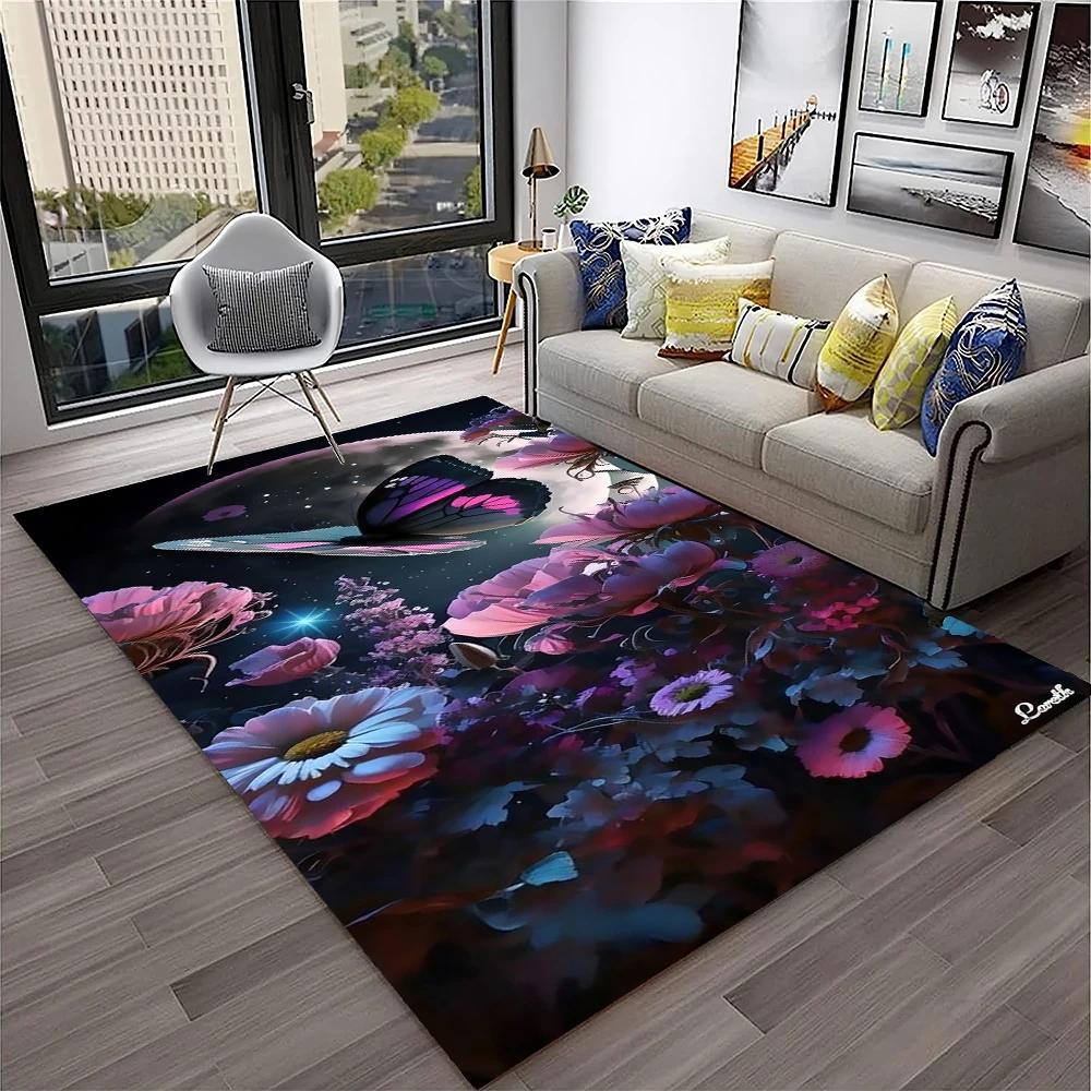 3D luxusní koberec Dream Butterfly Flower pro domácí obývací pokoj Ložnice Pohovka Rohožka Dekor, Koberec na dětské hřiště Protiskluzová podložka na podlahu