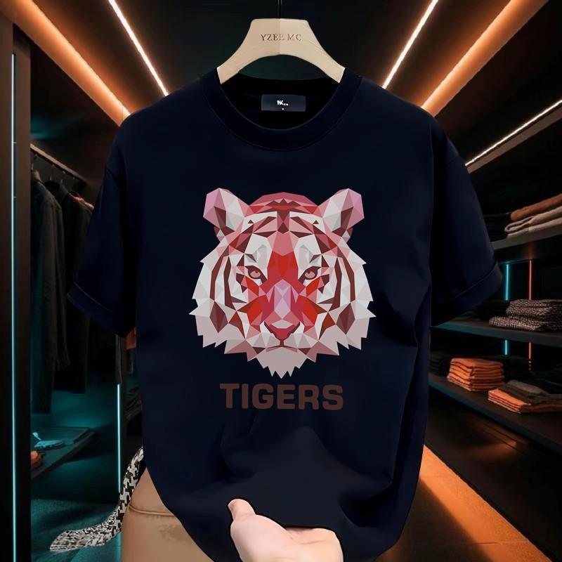 Pink tiger head printed round neck short sleeved 2024 Tshirt for Unisexs casual loose fit oversized versatile top