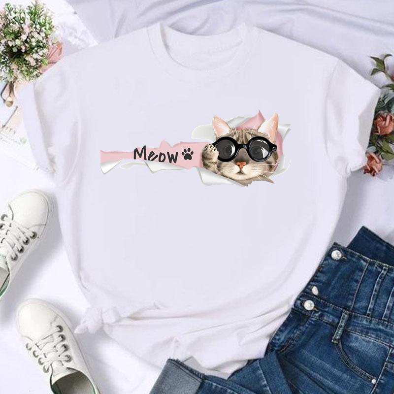 Women Print Cat Lovely Pet Animal Cute T Shirt Fashion Summer Female Casual Top Short Sleeve Tshirts Cartoon Graphic T-Shirts Women’s