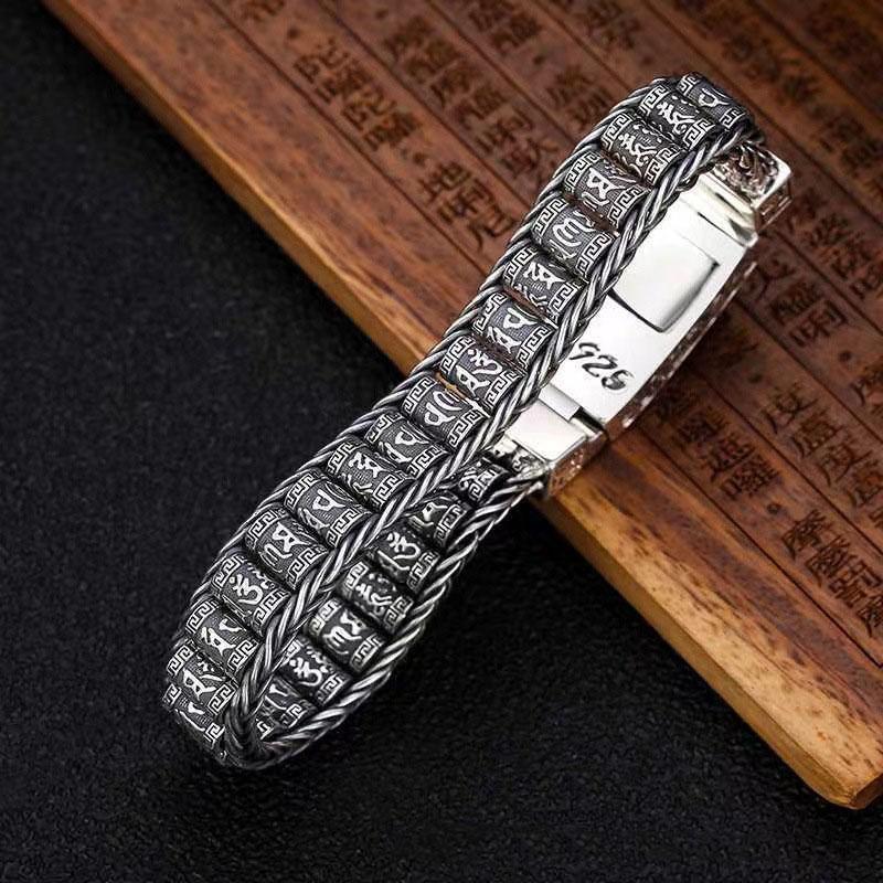 S925 Thai Silver Handmade Passepartout Prayer Wheel Bracelet Men Transfer Beads Six -Character Mantra Luxurious Retro