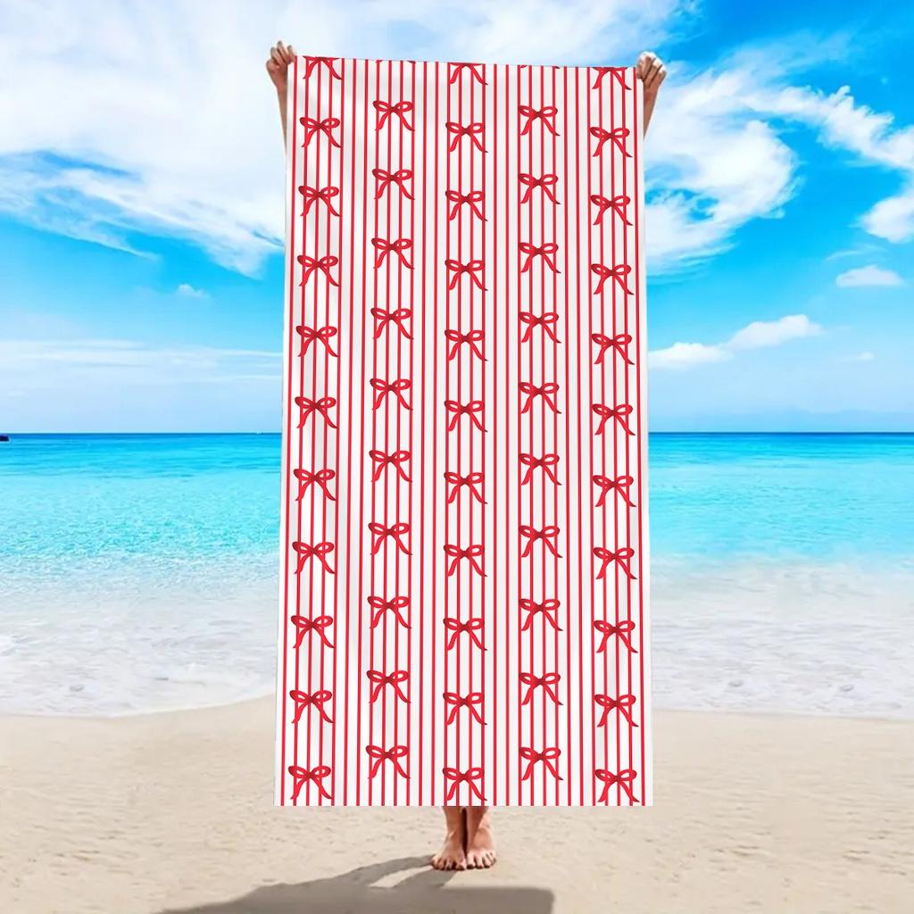 Cute Pink Bow Heart Pattern Beach Towel Soft Quick Dry Absorbent Swim Towel Girly Sweet Beach Towel Summer Vacation Travel