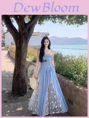 Small Fresh Plaid Lace Cami Dress With Wrapping Design For Summer Casual Wear