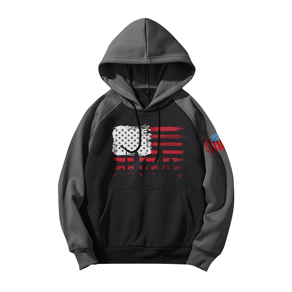 Herren Lässiges Kapuzen-Sweatshirt mit Kordelzug, lang, mit Flaggen-Print und Taschen