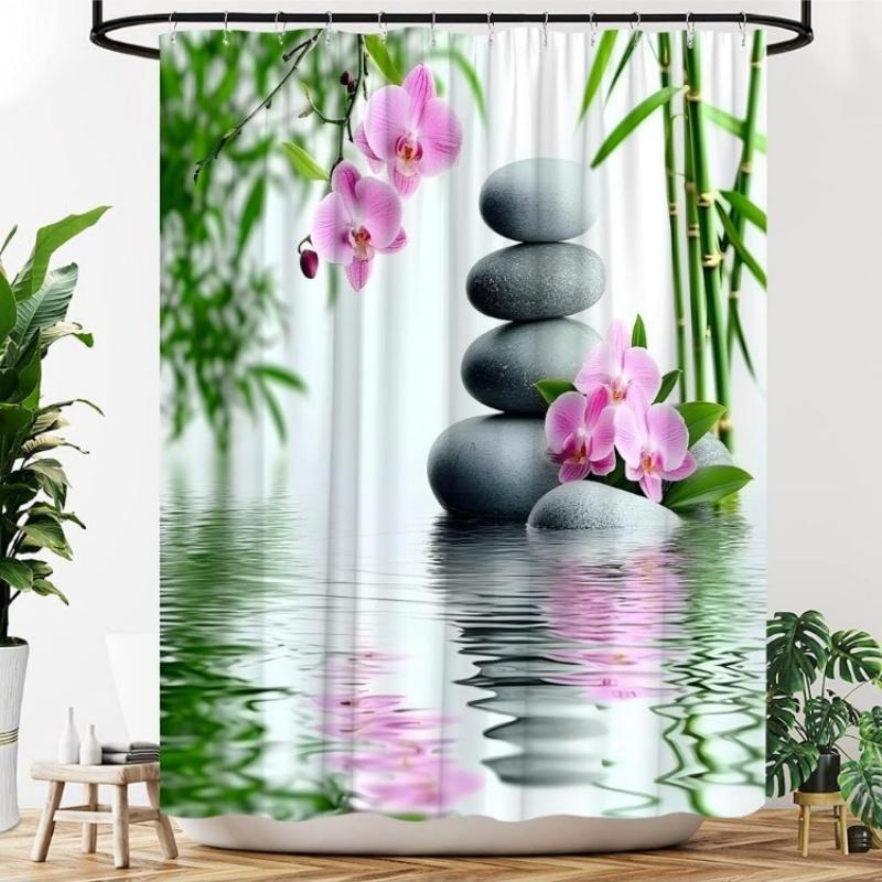

Zen Stone Shower Curtain Japanese Spa Garden Bamboo Leaves Flowers Asian Meditation Fabric Bathroom Decor Curtains With Hooks W60H190(CM)-1 Pcs