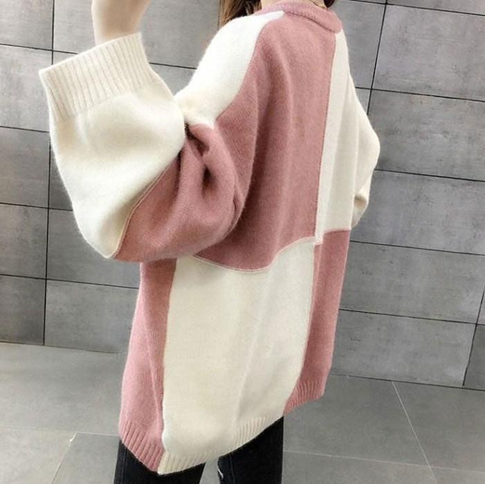 Autumn Winter Loose Pullover Sweater Top Women's Bottoming Contrast Knitted Sweaters