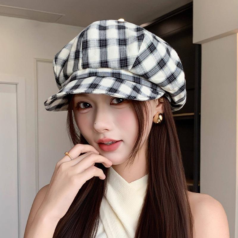 Korean Retro Plaid Beret Hat For Women Y2K Contrast Color Checked Beanie Cap Summer Travel Versatile Face Slimming Hat