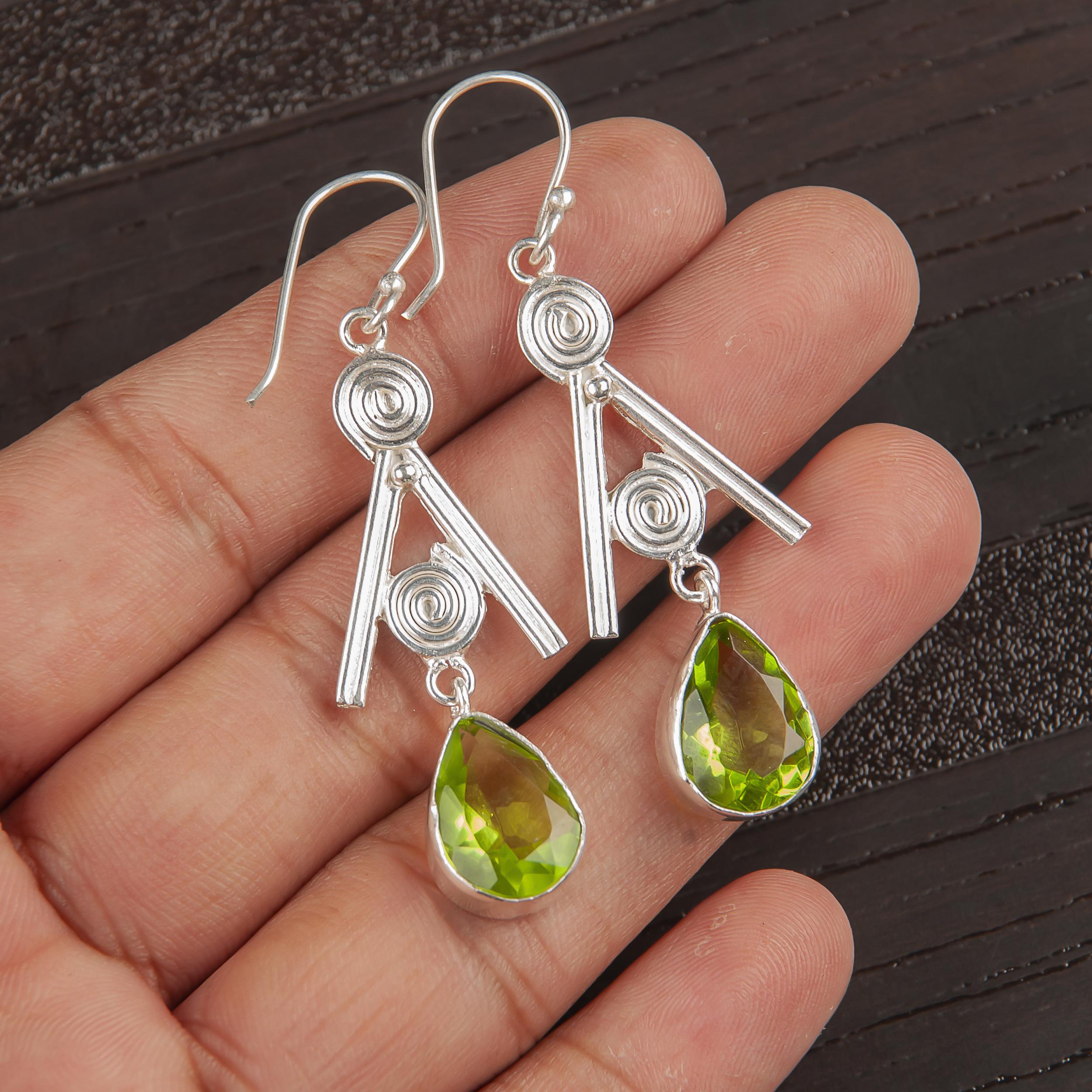 

Peridot Earrings Gemstone Jewelry, 925 Solid Sterling Silver Earrings, Handmade Jewelry Birthstone Earrings, Gift For Him 2.4 Inches зелений