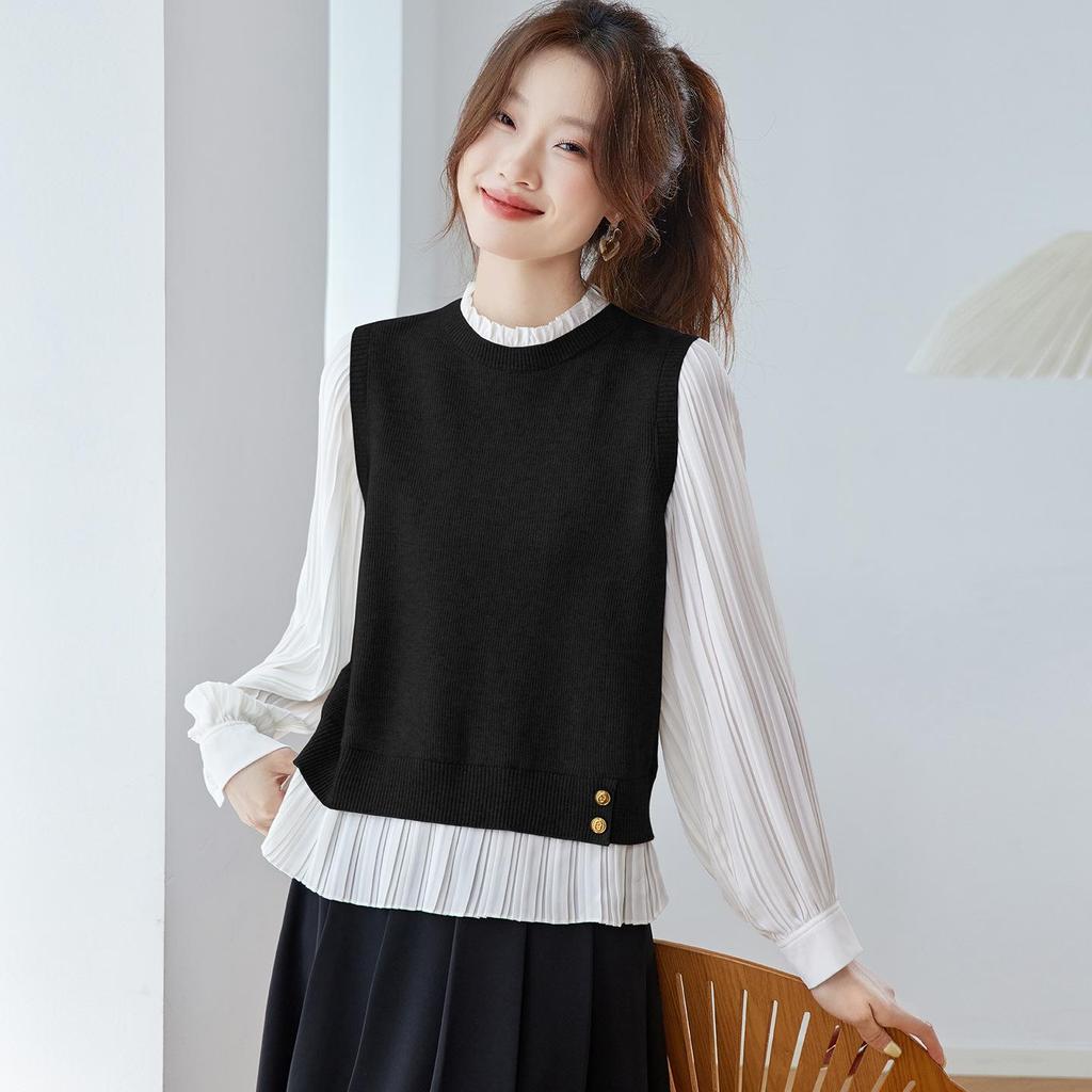 Top in Maglia Color Block con Collo a Volant Stile Coreano Autunno 2025 per Donna
