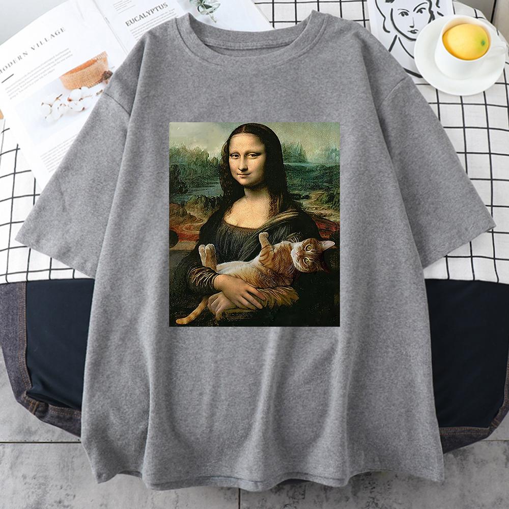 Funny Mona Lisa And Cat Printed T-Shirt For Men Summer Cotton T Shirt Loose Breathable Clothing Street Fashion Casual Short Tees