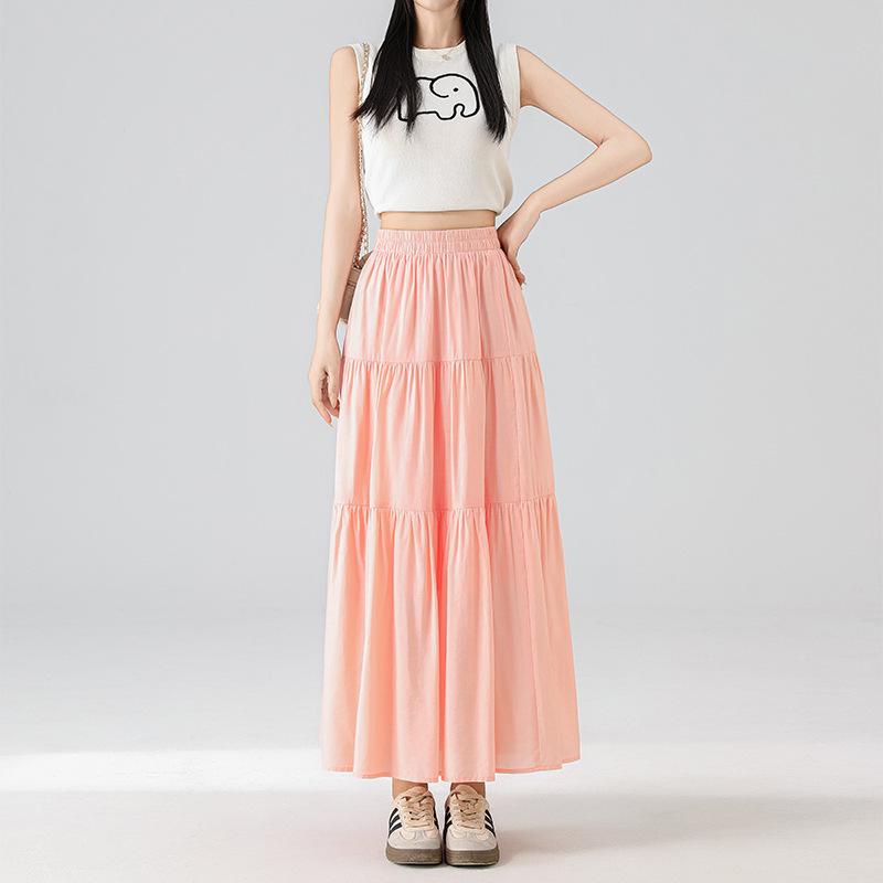 Summer 2025 Pink A-line Midi Skirt with Elastic Waist: Loose Fit, Slimming Design for Casual Wear.