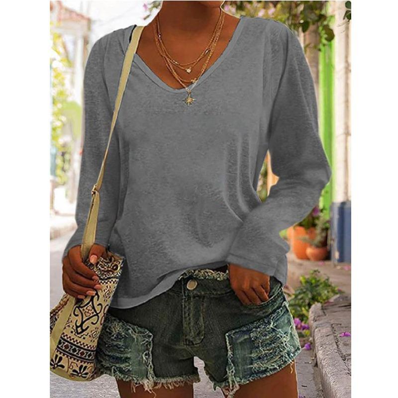 JPNTKY Women's Fashion Casual Solid Color Print V-Neck Long Sleeve Blouses & Shirts