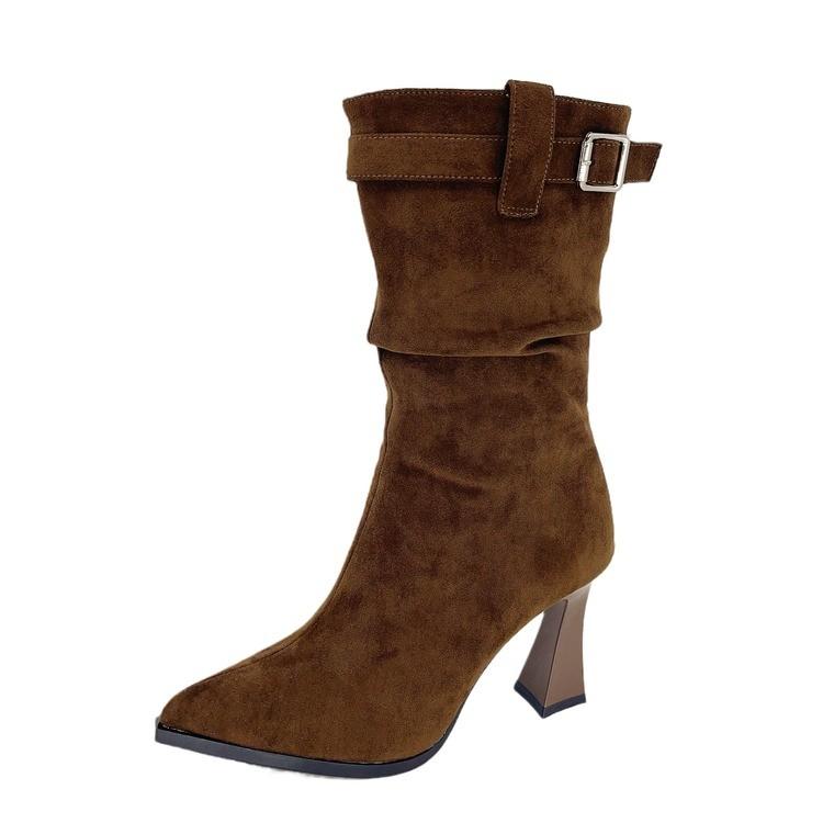

Fashion Fashion Belt Buckle Modern Boots Women 2025High Quality Women s Shoes Slip-on Women s Boots Sexy Pointed Toe Knee-High Boots 39 коричневый