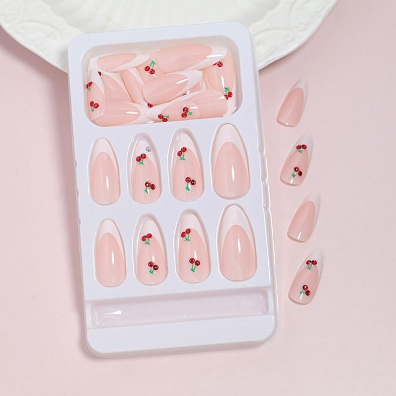 French Style Press On Nail 24 Pcs Glossy Finish Stick on Nail with Fruit Designs Suitable for Work and Social Event