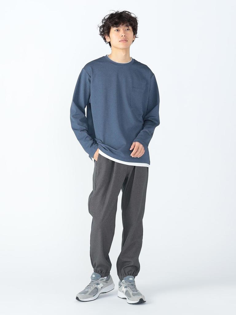 Beams Heart Men's Long Sleeve Tee, Pique Faux Layered Cut and Sew, Navy, Size M