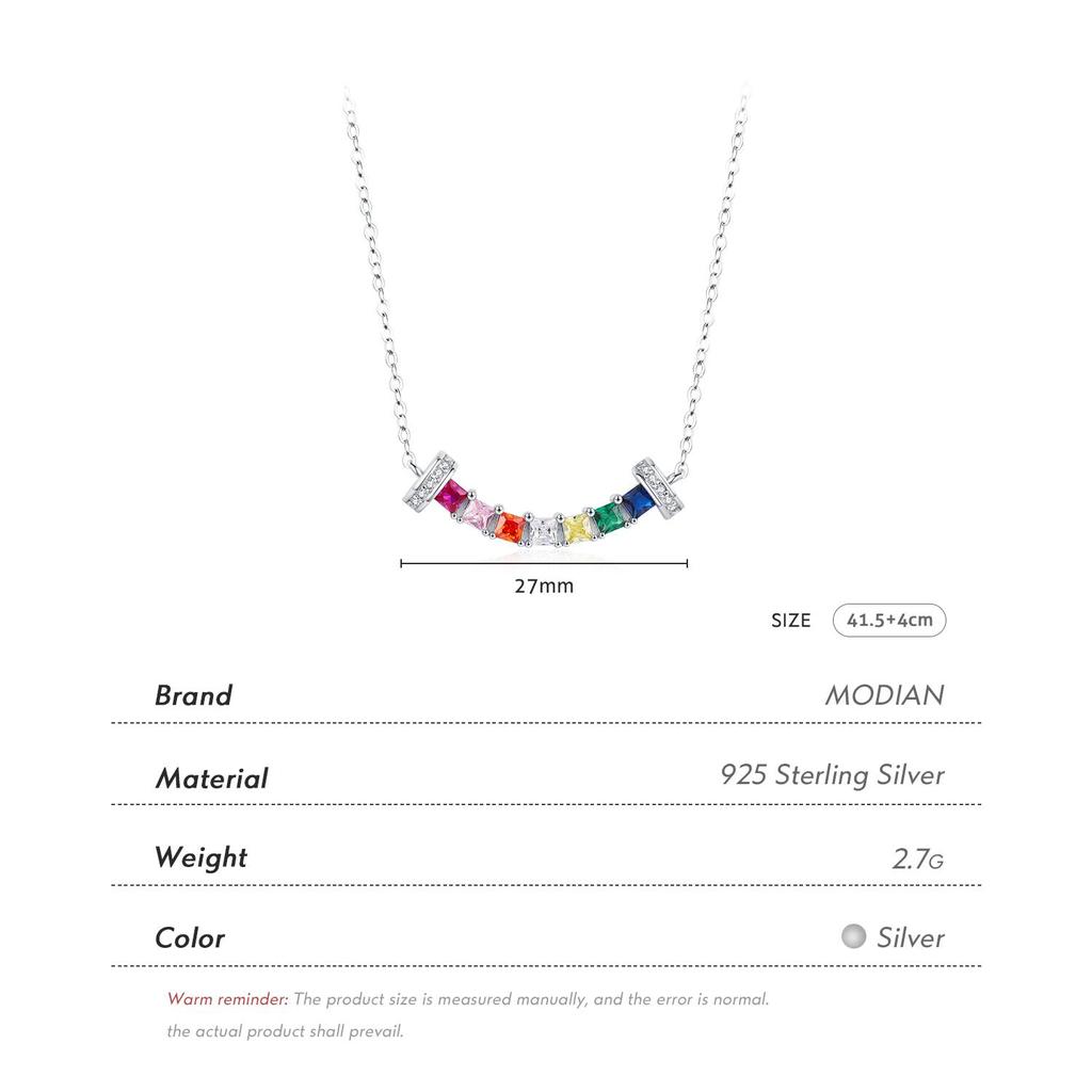 MODIAN 925 Sterling Silver Smile Square Rainbow Colorful Zirconia Pendant Necklace Fashion Neck Chain For Women Fine Jewelry