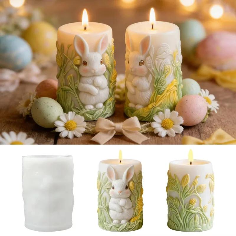 Top Quality Easter Candle Mold Relief Rabbit Candle Silicone Mold Rabbit Relief Crafts Molds Food Grade Cylinder Silicone Mold
