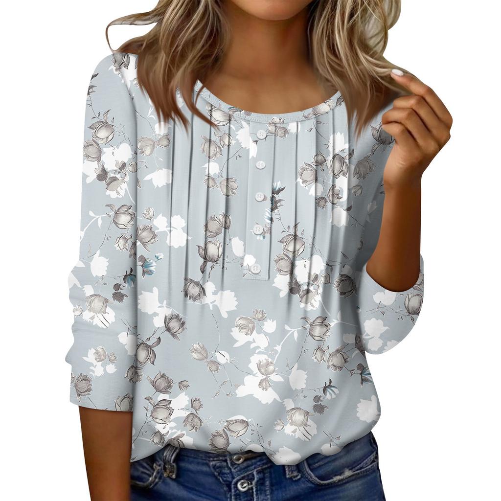 Women's Round Neck Pull Stripe Decorative Button Top Casual Color 3/4 Sleeve T Shirt