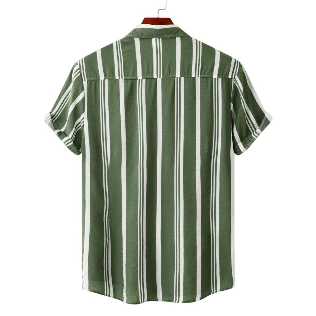 Men's Casual Short Sleeve Button Down Shirt Lightweight Breathable Striped Polo Collar Shirt Suitable for Vacation and Sports Wear