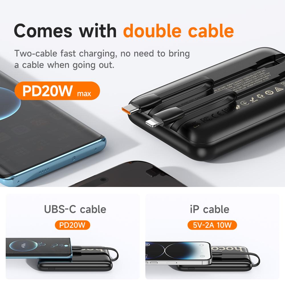 Hoco. Q37 10000mAh 22.5W Power Bank with Built-in USB-C/Lightning Cables, PD20W Fast Charging, Digital Display