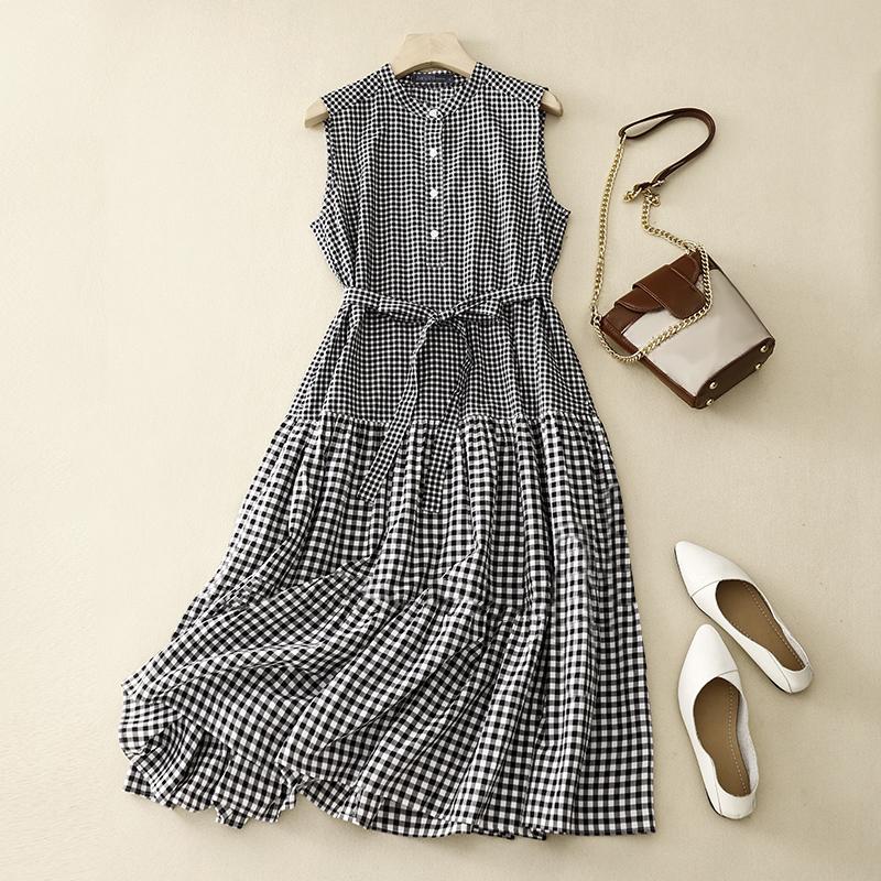 

ZANZEA Женские летние платья А-силуэта с круглым вырезом без рукавов в контрастную клетку 4XL чёрный