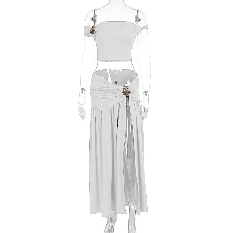 Women Sexy One Shoulder Crop Top Slit Pleated Midi Skirt Two Piece Set