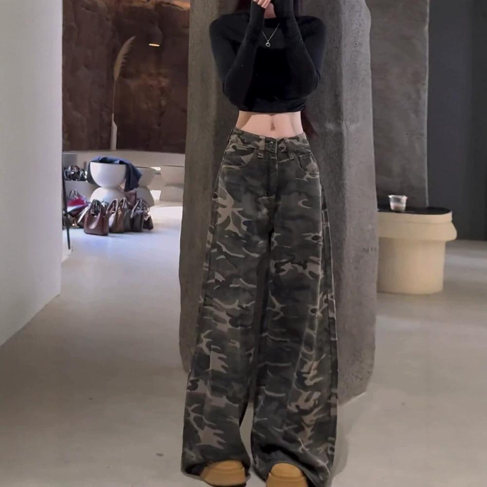 Women s Wide Leg Retro Camo Jeans - Spring/Autumn Casual Street Style S камуфляжный