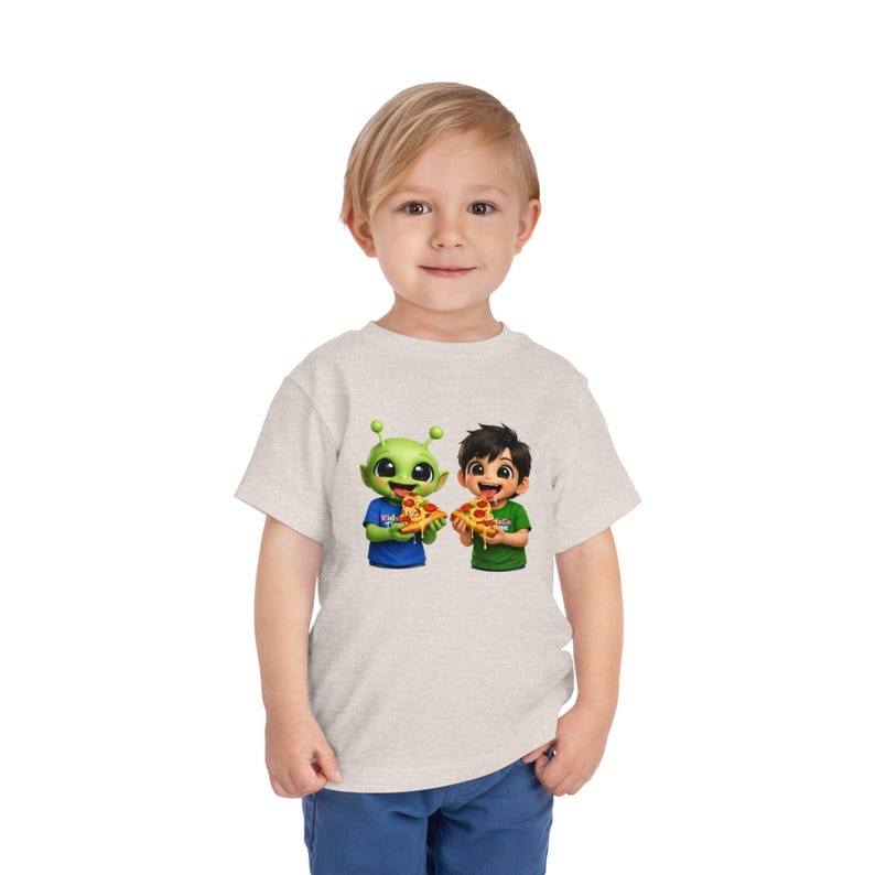 Toddler Tee: Alien Friend Eating Pizza Cartoon Print, Playful Cotton Shirt 120