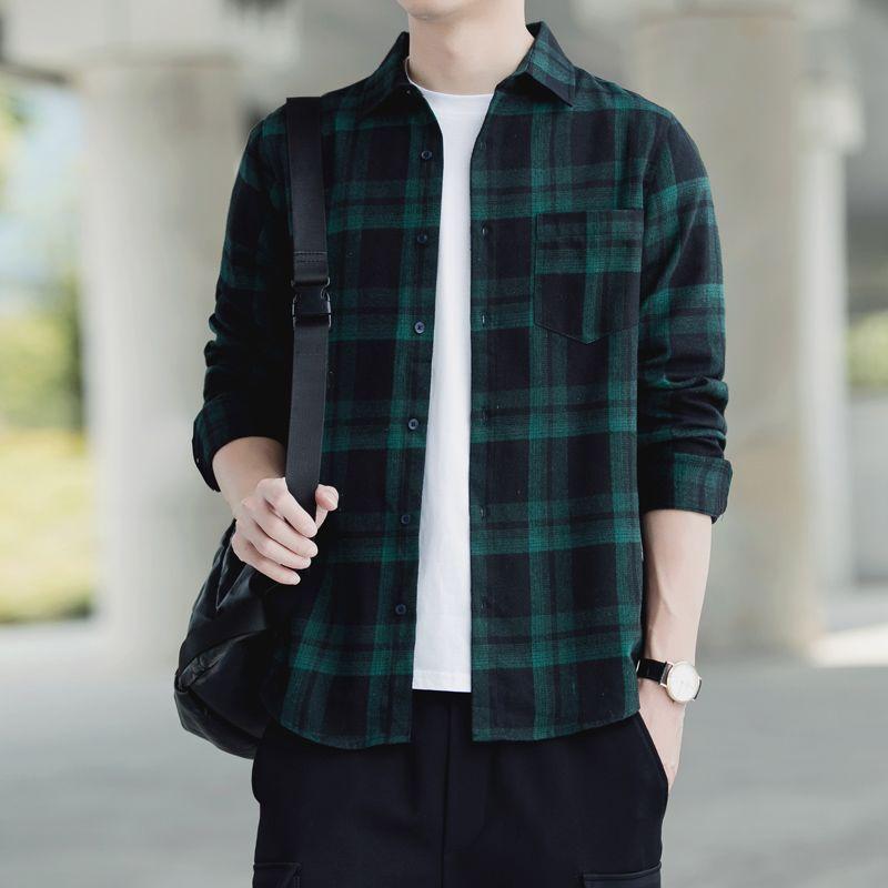 Autumn New Thickened Plaid Shirt Men's Casual Long-sleeved Shirt Korean Style Loose Jacket