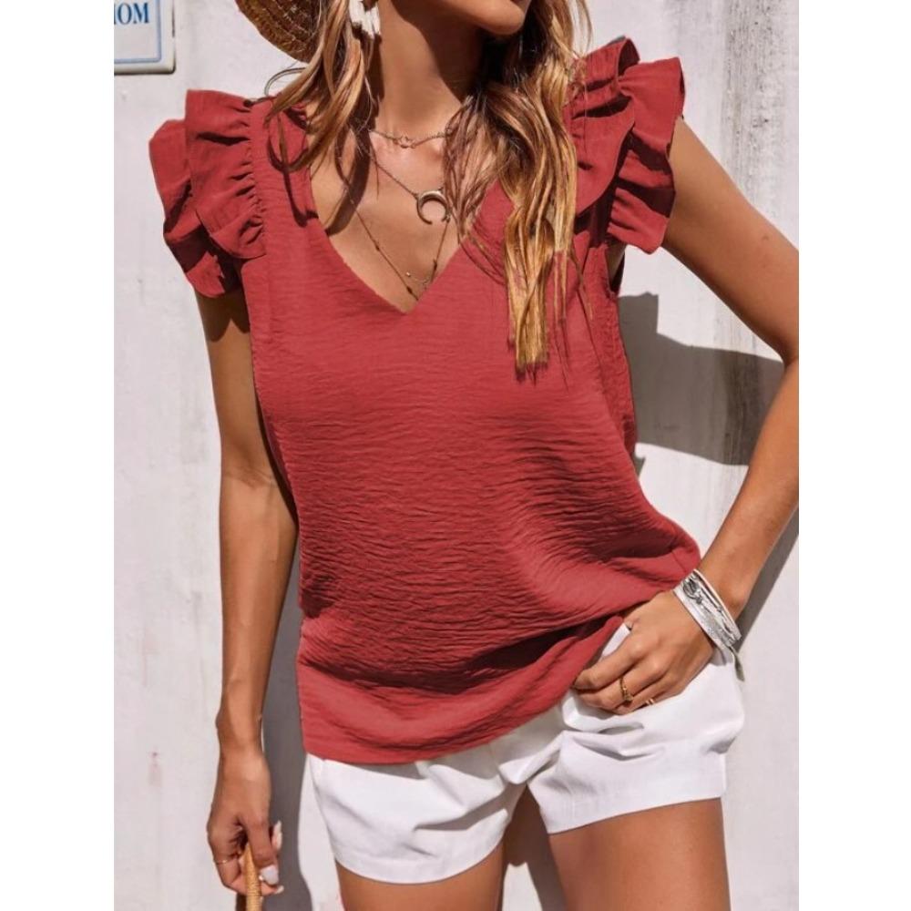 Solid Color Short Sleeve Shirt Elegant Fashion Ruffles Folds V-Neck Loose Casual Pullovers Blouse Women's Clothing
