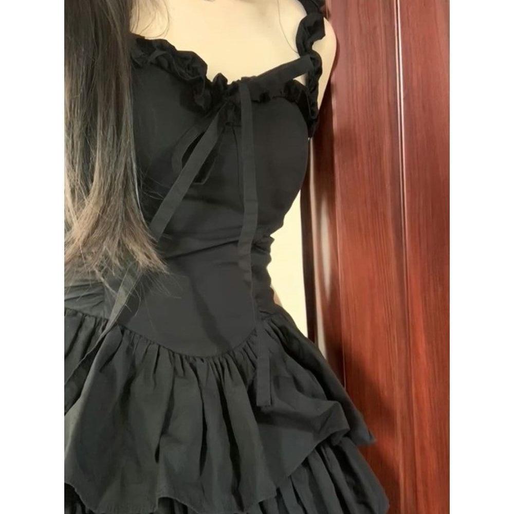 Ballet Waist Suspender Dress Women's Summer Casual Black Short Small Princess Fluffy Cake Dress