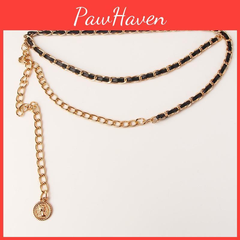 Korean Style Doublelayer Womens Leather Waist Chain With Metal Hook And Portrait Charm
