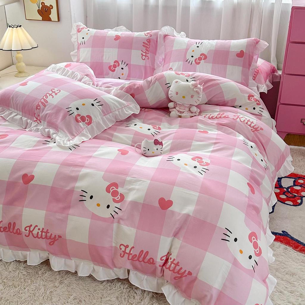Official Sanrio Hello Kitty All-Cotton 4-Piece Bedding Set - Sheet, Pillowcase & Bed Skirt for Dorms