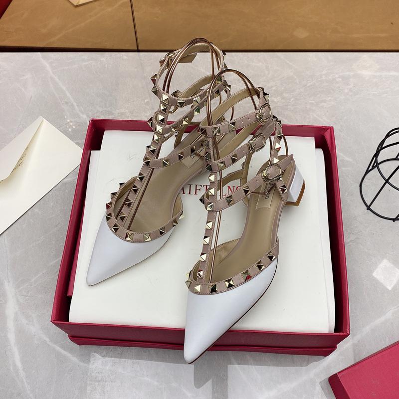 

Spring and summer new rivet pointed low heel shoes leather women s straps color matching thick heel middle heel sandals women s summer 40