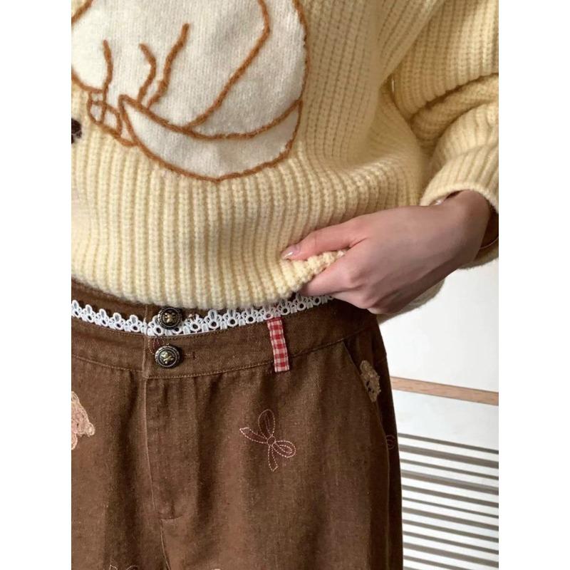 Jeans mit weitem Bein und süßer Bärenstickerei für Damen, neue Winter-Patchwork-Spitze, lockere, dünne Wischhose