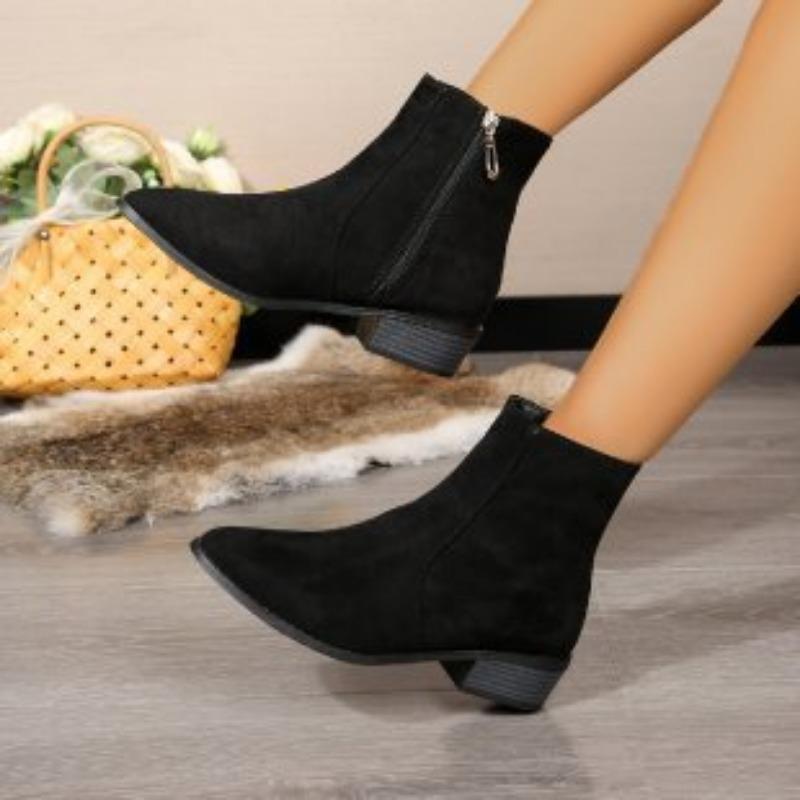 Pointed Large Size Thick Heel Martin Boots Autumn and Winter New Suede Side Zipper Low Heel Short Boots