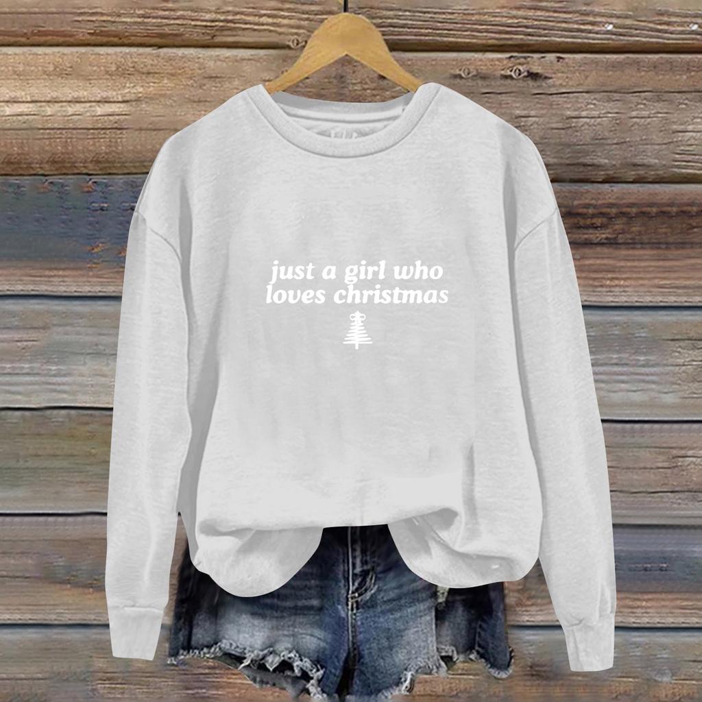 Women's Casual Loose Solid Color Christmas Letter Printed Round Neck Long Sleeved Sweatshirt