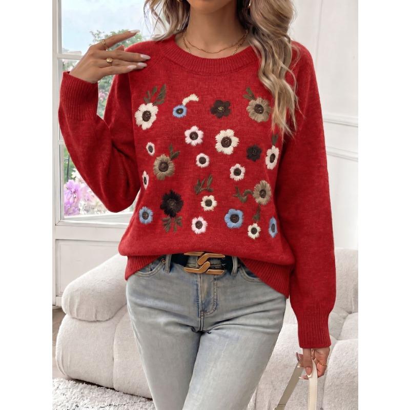 Women S Crew Neck Long Sleeve Knit Sweater With Flower Embroidery