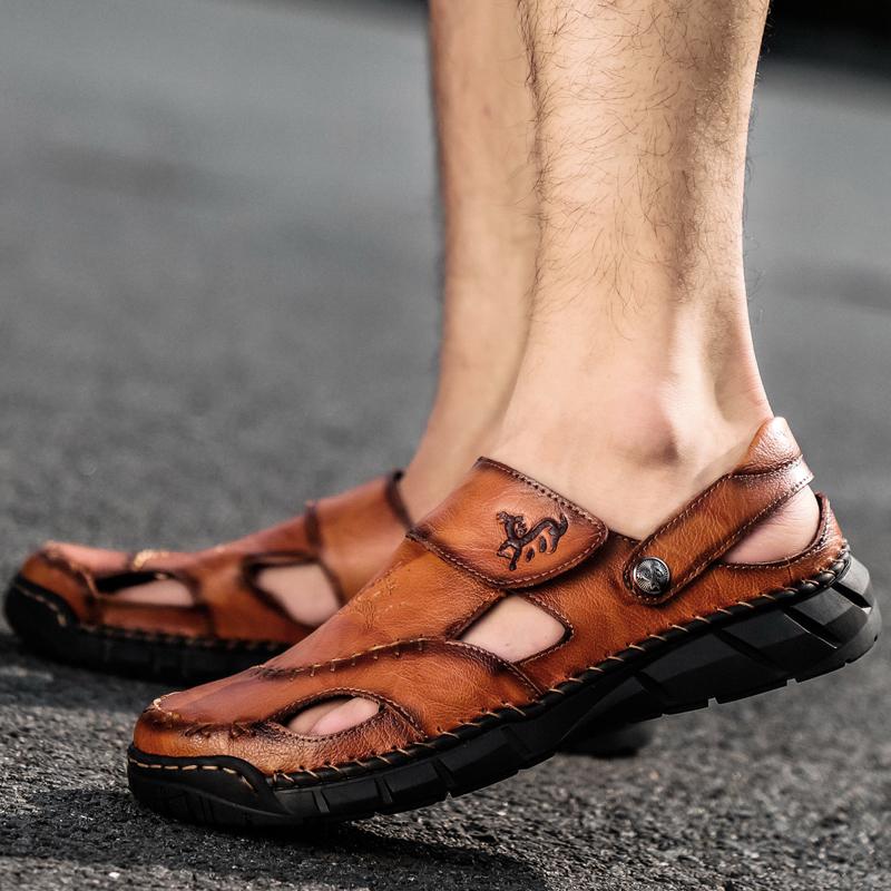 Sandals Shoes Men's Genuine Leather Summer Anti-slip Breathable Hollow Outdoor Sports Beach Shoes Casual Sandals