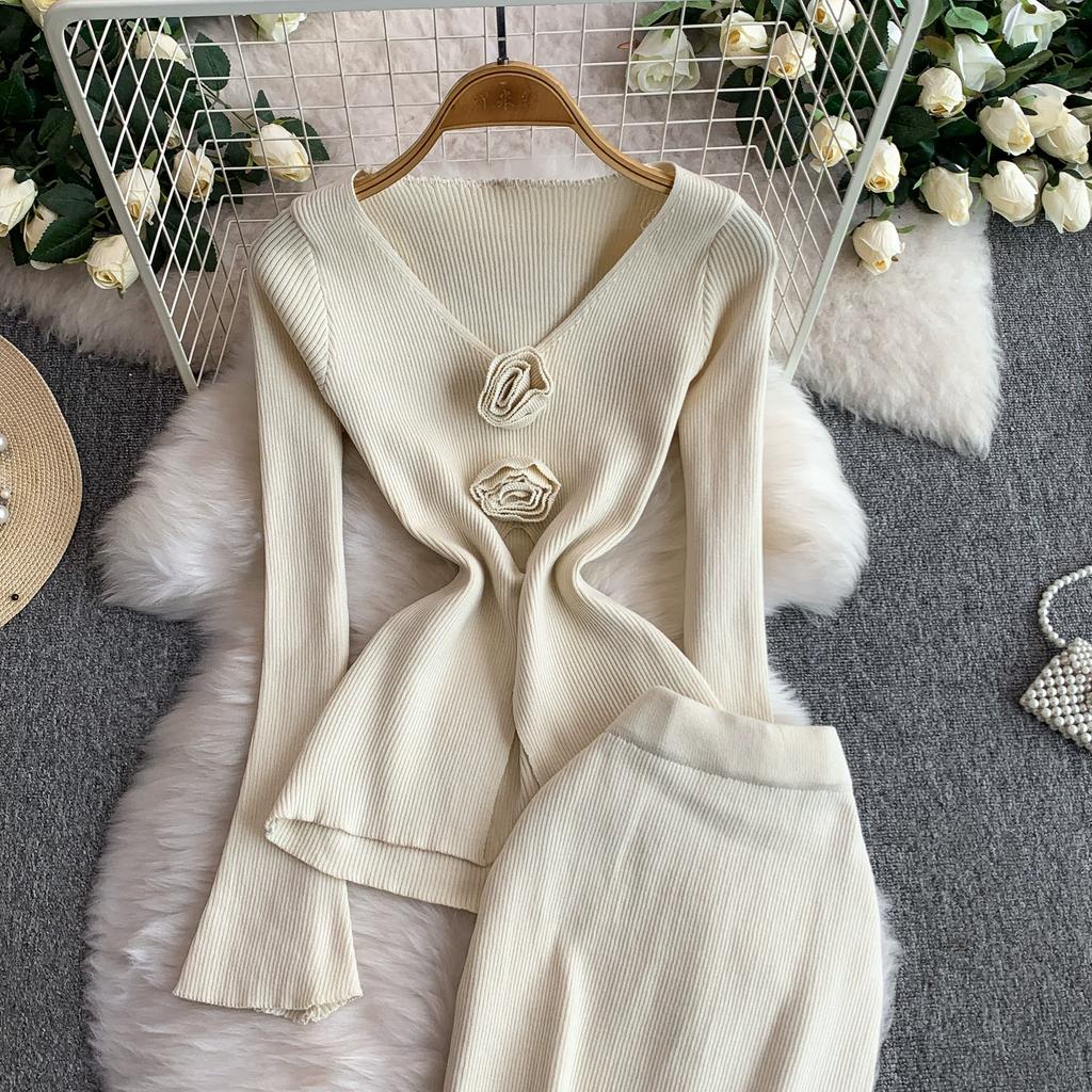 Spring Autumn Women Elegant Knitted Sweater Office Two Piece Set V-neck 3D Flower Pullover Tops and Long Maxi Sheath Skirt Outfits