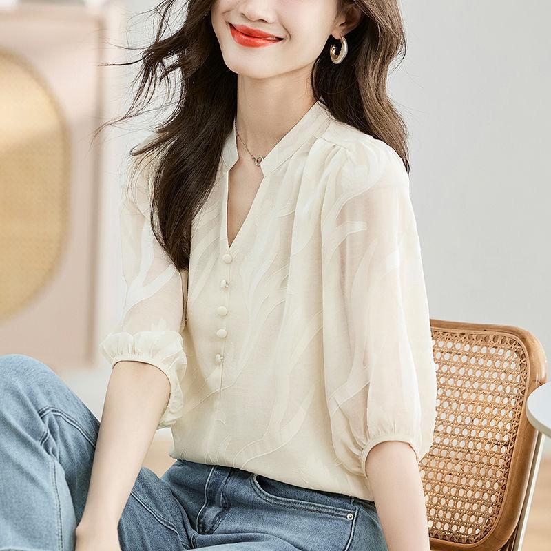 Women's Five Quarter Sleeved Chiffon Shirt Jacquard Summer New Fashionable Loose Shirt Top