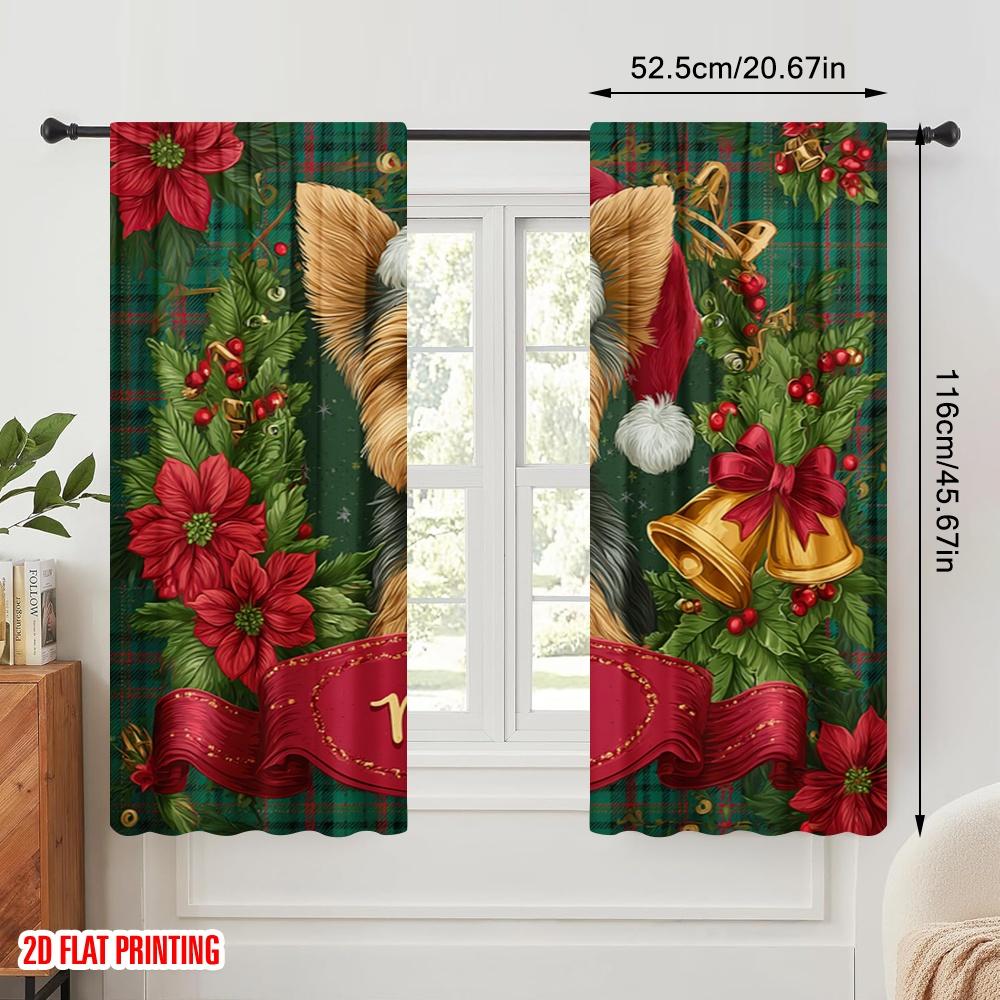 2pcs,2D Plane Printing Curtain Fabric Santa Dog Versatile 100% Polyester (without Rod) Room Decor Ldeal for Bedroom and Various