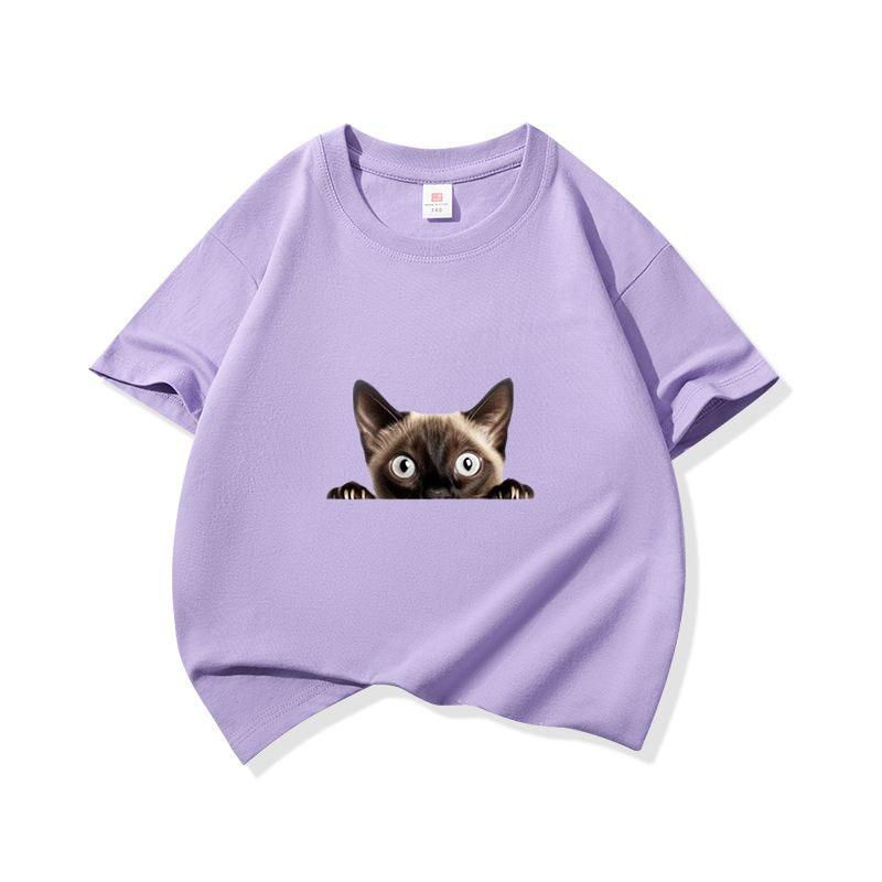 Kids Cotton T Shirt Peeking Cute Cat Pattern Print Crew Neck Short Sleeve Tee Casual Breathable Boys Girls Summer Tops