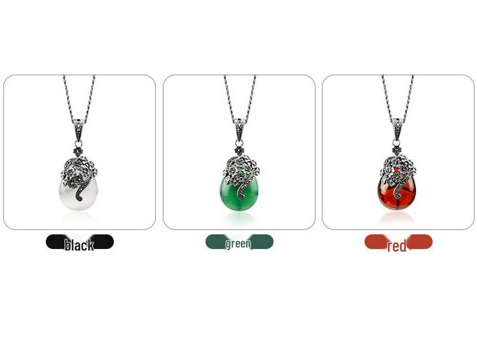 Jade Angel Vintage Women's Necklace Pendant with Chalcedony, Synthetic Garnet, and Cat's Eye Stones In S925 Thai Sterling Silver.