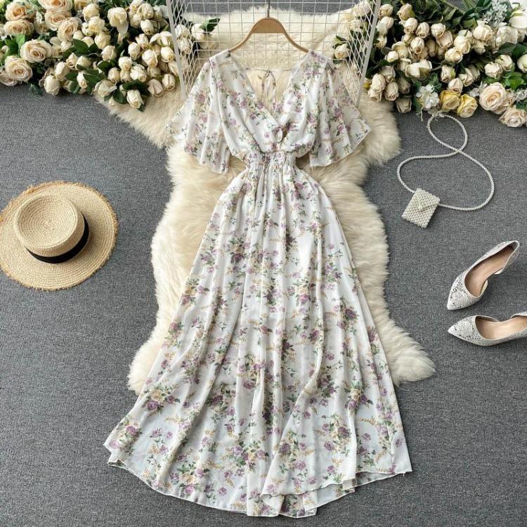 Summer V Neck Floral Long Dress Women High Waist Ruched A Line Short Sleeve