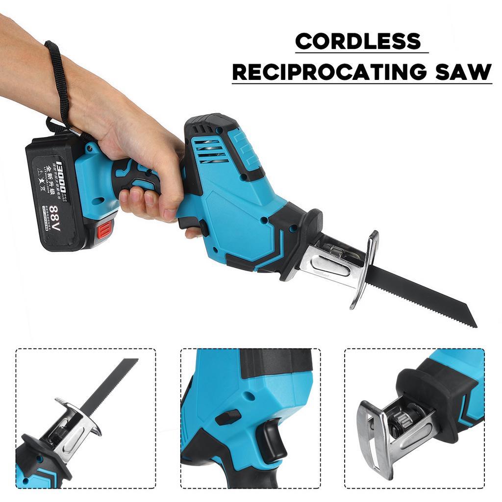 250W 13000mAh 26V/88V Cordless Reciprocating Saw+5 Saw Blades Metal Cutting Wood Tool Portable Woodworking Cutters Blue